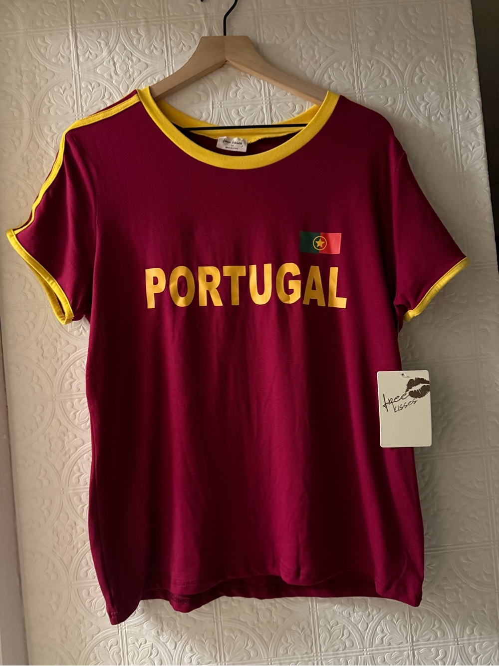 Free Kisses Burgundy Tee with Yellow Trim - Portugal Print